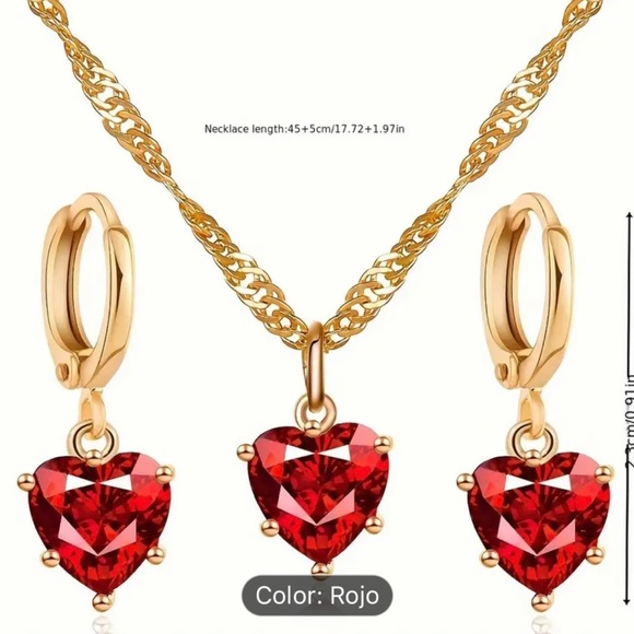 3pcs Shiny Red Heart Jewelry Set, Classic Glass Heart Necklace and Earrings, - Picture 5 of 6